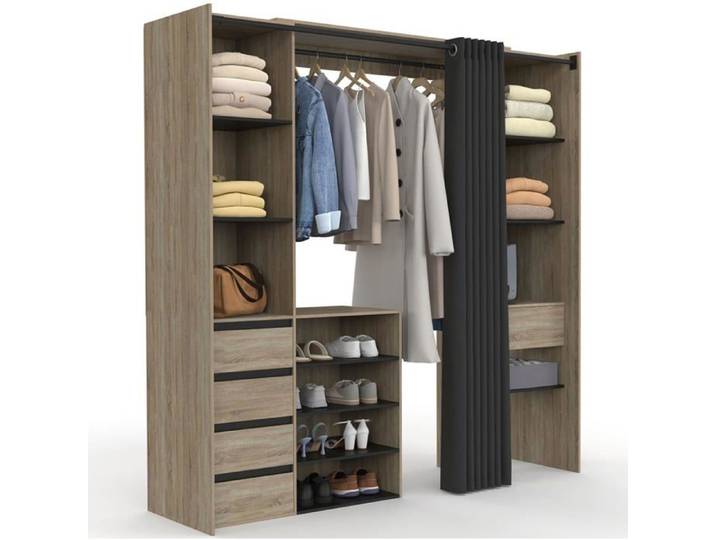 IDMarket Dressing Extensible Double MERYL XXL 120/180 cm Hêtre 5 Tiroirs 11 Étagères Penderie Rideau Noir