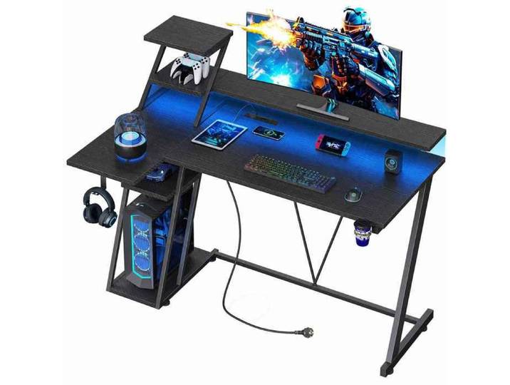 BYTELIKE Bureau Gaming avec Prises Intégrée & Ports USB Bureau d'angle Bureau Gamer avec Rangement LED 100 × 68 × 107 cm Noir