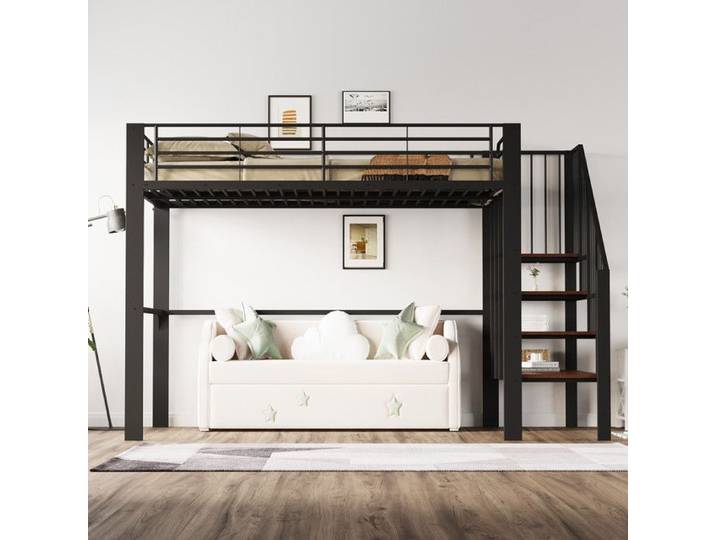 Lit mezzanine 140x200cm lit enfant avec escalier de rangement sécurisé lit double avec sommier à lattes lit simple métal+MDF noir