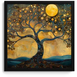 POSTER MIT RAHMEN Baum - Mond - Blumen - Gold - Kunst 40x40 cm
