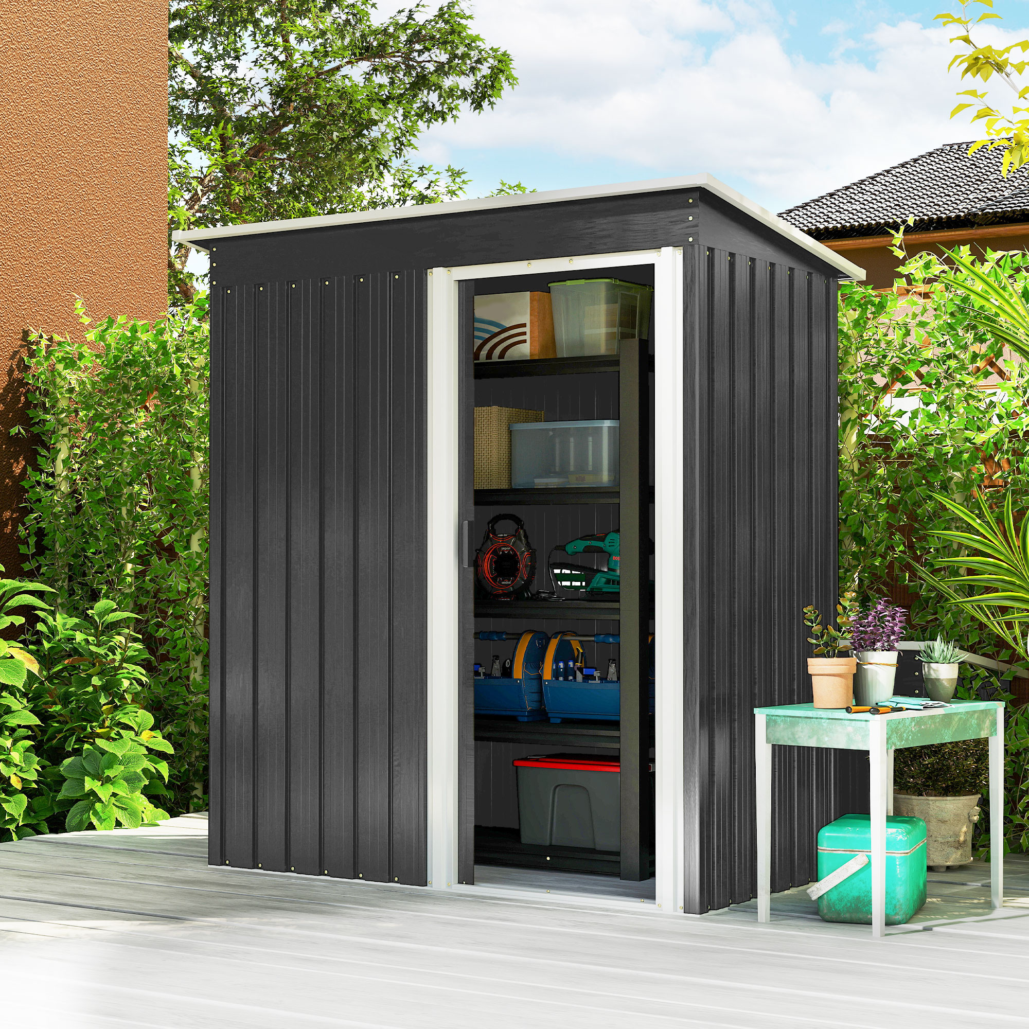 Outsunny Casetta da Giardino Porta Utensili in Lamiera di Acciaio, Capanno da Giardino in Acciaio con Porte Scorrevoli, 163x89x182cm, Nero   Aosom Italy