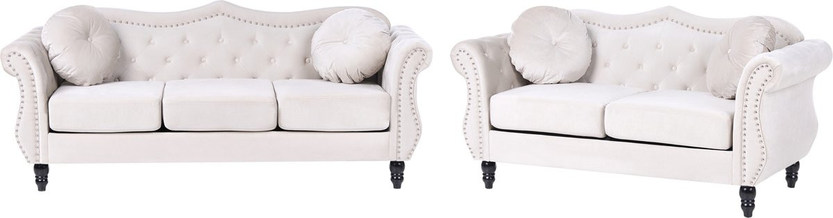 SKIEN Bankenset Chesterfield in Lichtbeige Fluweel met losse kussens