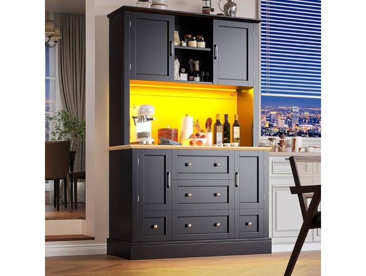 Buffet Cuisine 115×40×180cm Haut Armoire de Cuisine Vaisselier avec Plan de Travail-Éclairage LED-Anti-Placard et 5 Tiroirs-Noir
