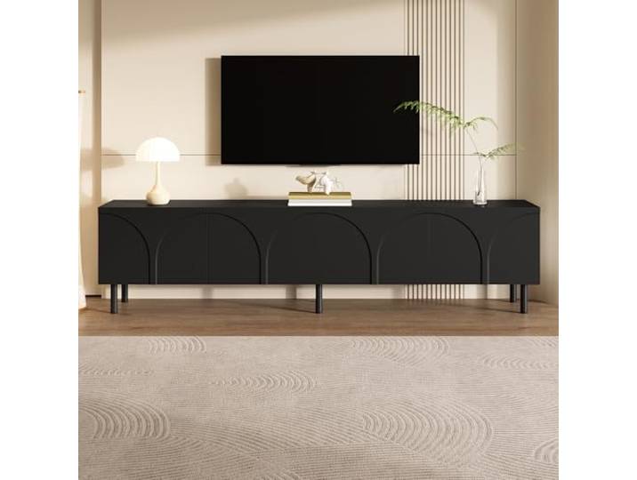 Merax TV-Schrank Lowboard 180x35x49cm, mit 3D-geschwungenen Linien, 4 Türen & Metallfüßen – modern, Schwarz