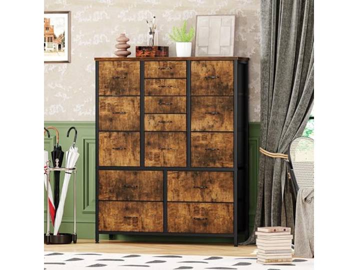 Garvee Kommode mit 15 Schubladen,Stoffkommode Aufbewahrungsschrank mit Stoffschubladen,Stabiler Metallrahmen & Holzplatte,Schubladenschrank Organizer für Schlafzimmer Flur,100x30x123cm,Vintage Braun