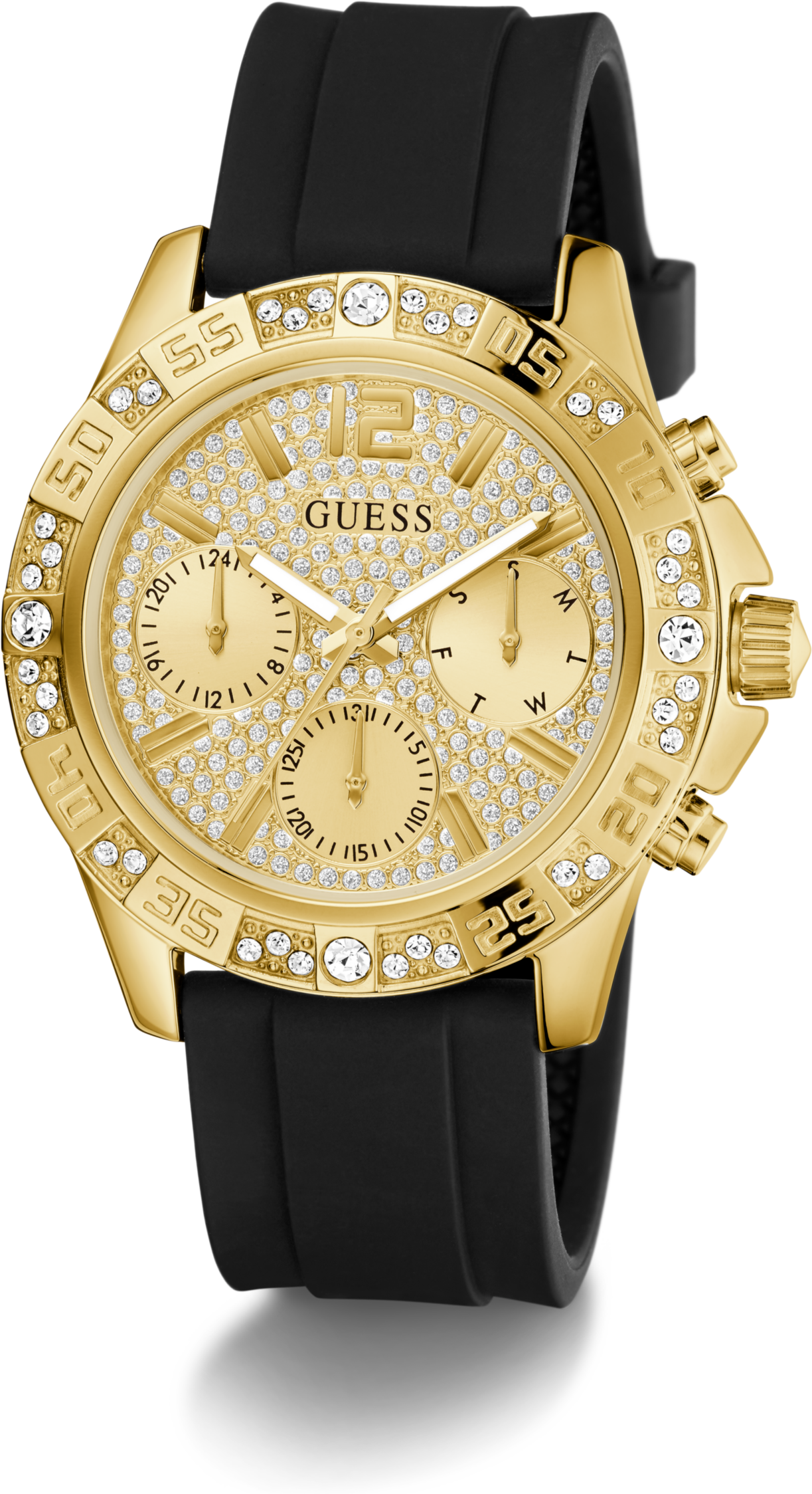 Multifunktionsuhr GUESS "MAJESTY", schwarz, Armbanduhren, Damen, Multifunktionsuhr, Quarzuhr, Armbanduhr, Damenuhr, Silikonarmband, Datum