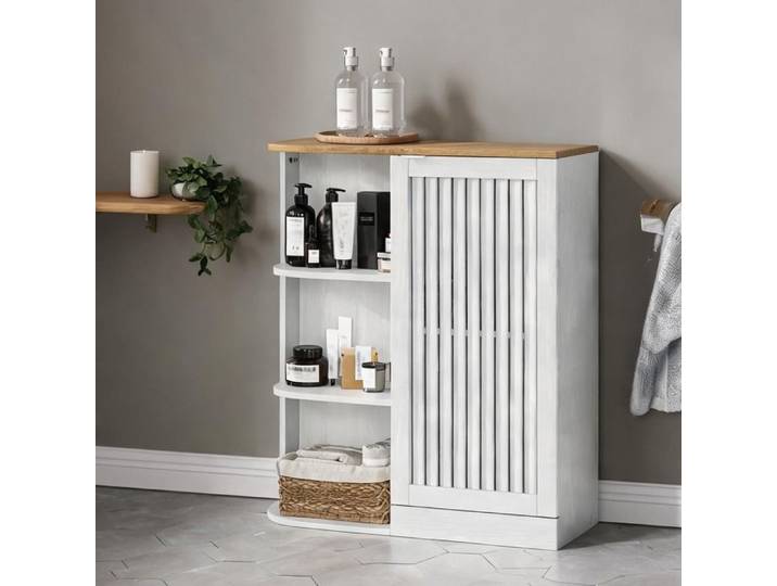 Meuble d'angle en MDF soft white et chêne rangement salle de bain design contemporain