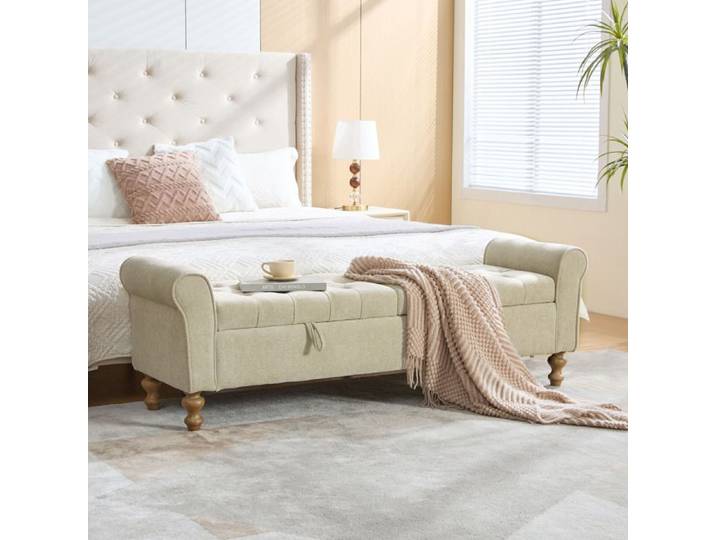 ROVRYN banquette de rangement moderne 156 cm 2 couvercles chenille greige accoudoirs enroulés bois massif