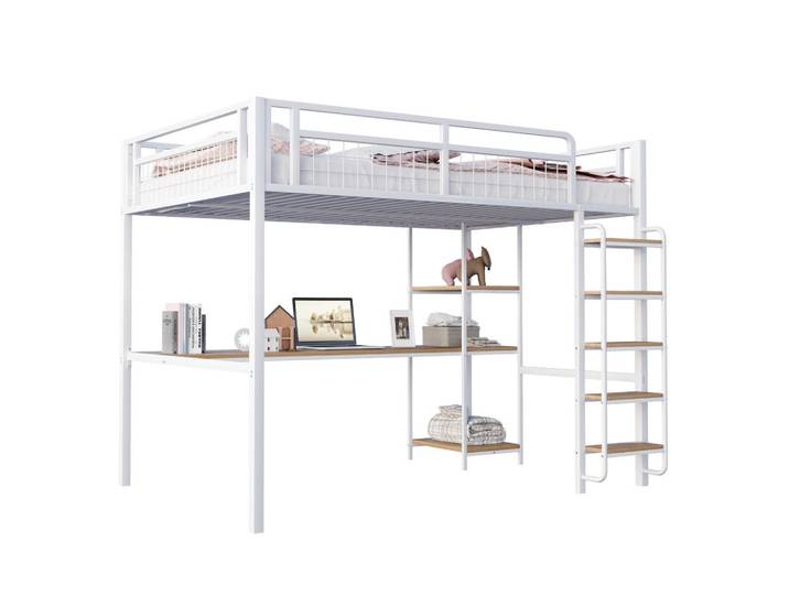 Modfu Hochbett aus Metall 140x200 cm in Weiß mit Tisch & Regal, 140x200 cm, Babymöbel & Kindermöbel, Kinderzimmer & Jugendzimmer, Kinderbetten, Hochbetten