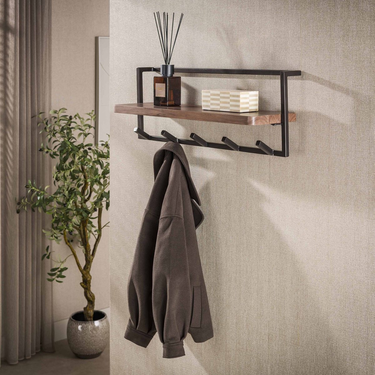 PS-Collection Air Pure Wandkapstok van Acaciahout en Metaal met 6 Haken - Bruin
