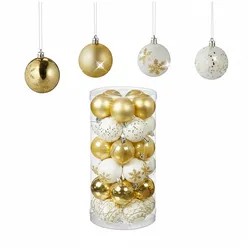 Relaxdays Weihnachtskugeln 30er Set, Kunststoff, D: 6 cm, runde Weihnachtsbaumdeko, Baumschmuck bruchsicher, gold/weiß