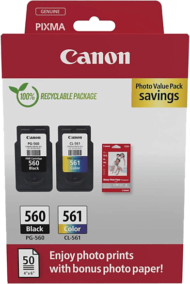 Cartucho de tinta - Canon PG-560/CL-561, 7.5 ml y 8.3 ml, 180 páginas, Negro Color (cian, magenta, amarillo)