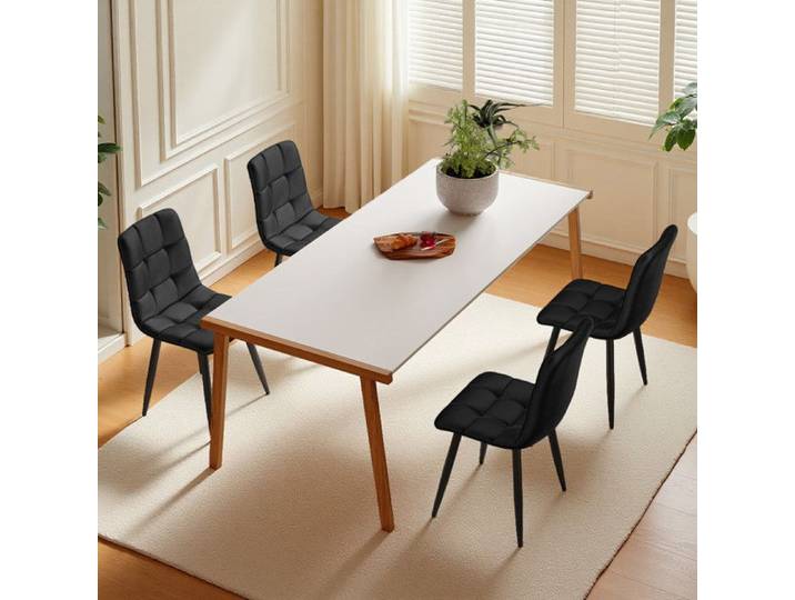 Lot de 4 chaises de salle à manger en velours noir motif carré quilting design moderne minimaliste ergonomique métal noir