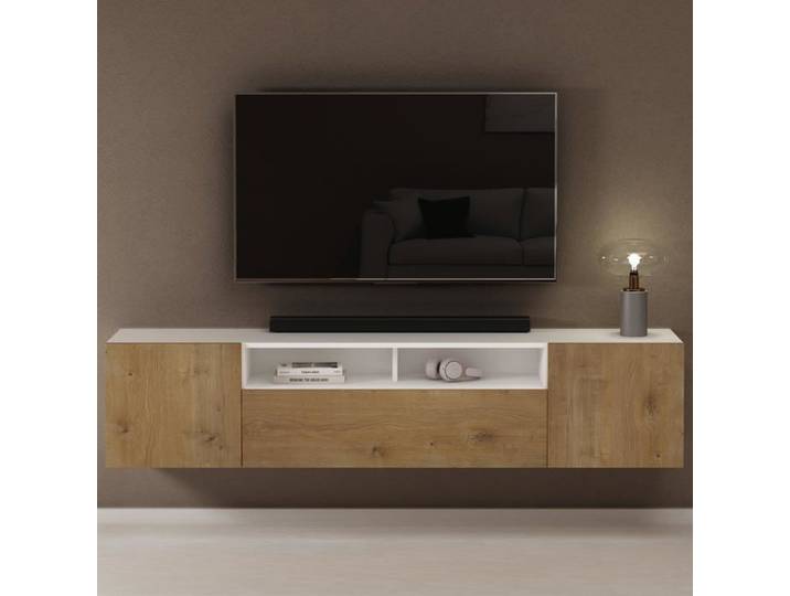 Sogood Meuble TV Bas 180cm Armoire TV Blanc Mat+Marron Clair Table de Télévision Salon avec 3 Portes Meuble TV Suspendu MBTV03