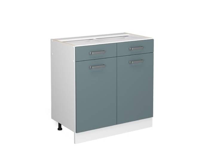 Vicco Küchenunterschrank R-Line, Blau-Grau, 80 cm 2 Schubladen · Ohne Arbeitsplatte · Höhenverst. Füße · Metallgriffe · Leichter Zugriff