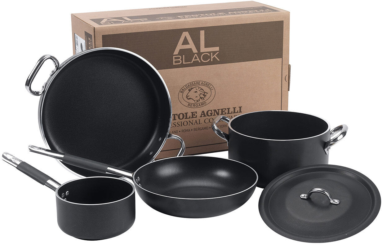 Ⓜ️🔵🔵🔵 Pentole Agnelli ALSASETALBLACK4 - Batteria di pentole con coperchio in alluminio