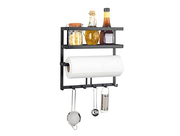 WENKO Etagère Cuisine Multifonction Gala Style Industriel Etagère métal\, Distributeur sopalin Mural\, 6 Crochets Suspension ustensiles de Cuisine Métal 30x33x9 cm Noir