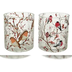 Christmas Decorations 1 Teelichthalter Glas 10cm - Teelichtglas mit Vogel Motiv Tischdeko Kerzenglas Windlicht Kerzenhalter Dekoglas Windlichtglas Klar transparent