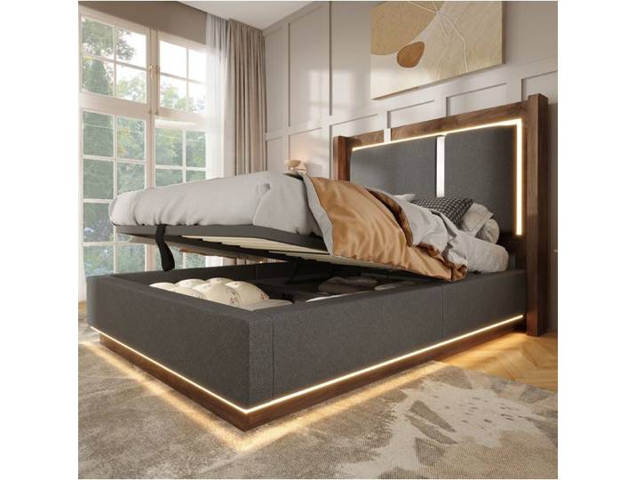 Lit coffre enfant 90x200 cm lit simple avec LED et rangement Lin Gris