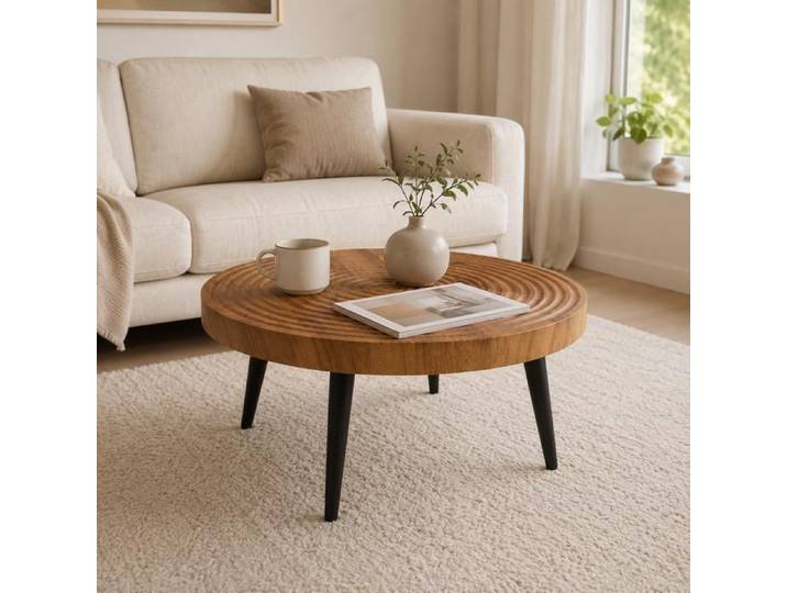 Zitty Table Basse Ronde Noyer Table d'Appoint Vintage Pieds Métal Noir 60cm