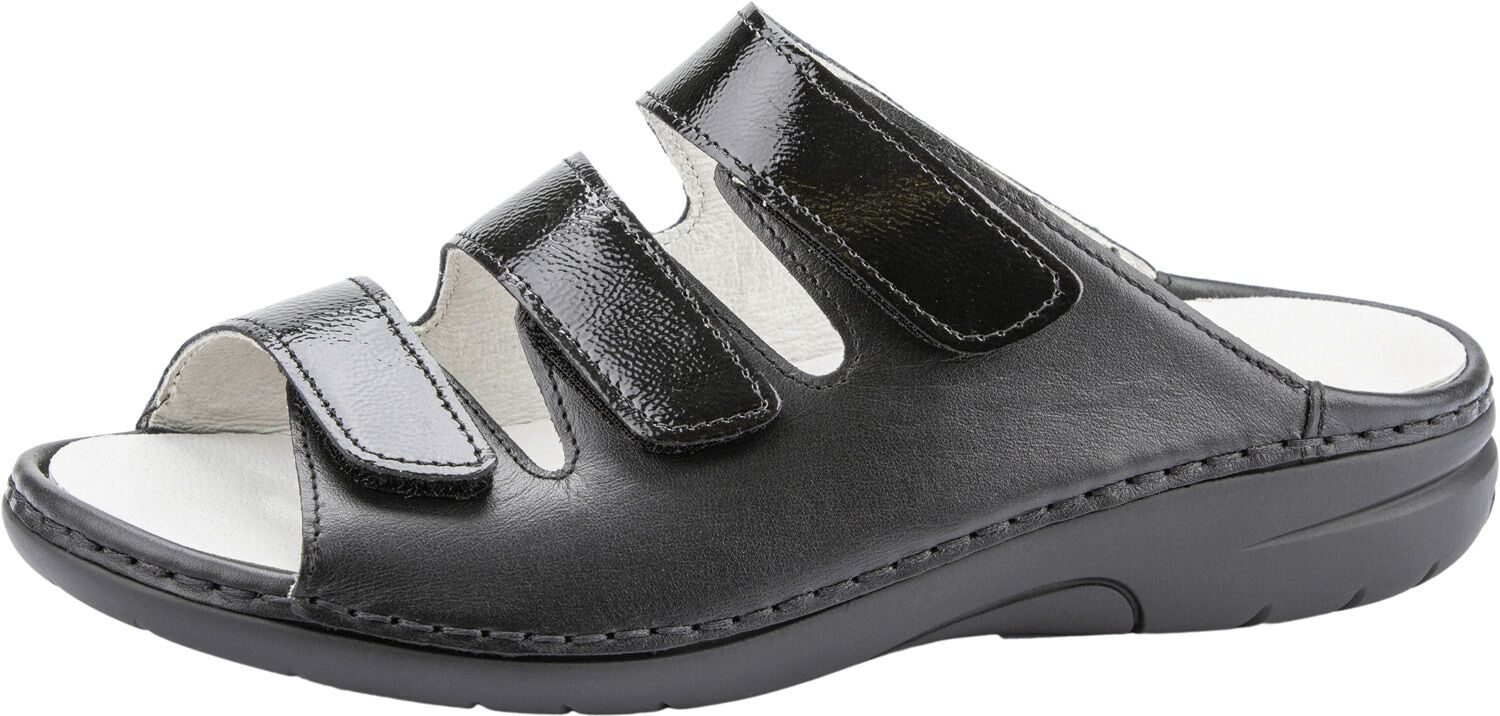 Sandalette WALDLÄUFER "Gunna", Damen, Gr. 5 (38), Leder, schwarz, Lackleder, Nappaleder, glänzend, unifarben, Schuhe Sandalette, Komfortschuh, Klettschuh, Hausschuh in Bequemweite G (= weit) schwarz 5 (38), Leder