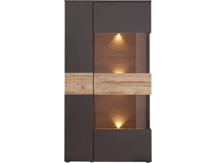 Vitrine FORTE Como , grau (grau, eichefarben), B:90cm H:168cm T:41cm, FSC-zertifizierter Holzwerkstoff, Schränke, Vitrine, Highboard, LED Beleuchtung Einlegeböden, Glastüre, Soft Close
