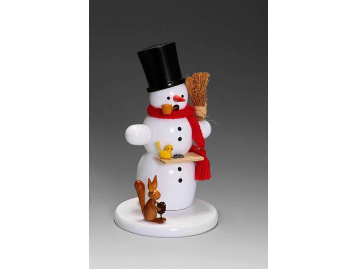 Räuchermännchen ALBIN PREISSLER Schneemann mit Eichhörnchen, Handwerkskunst aus dem Erzgebirge , weiß, H:18cm L:9cm T:9cm, Holzwerkstoff, Räucherdeko, Räuchermännchen, Weihnachtsdeko aus Buchenholz
