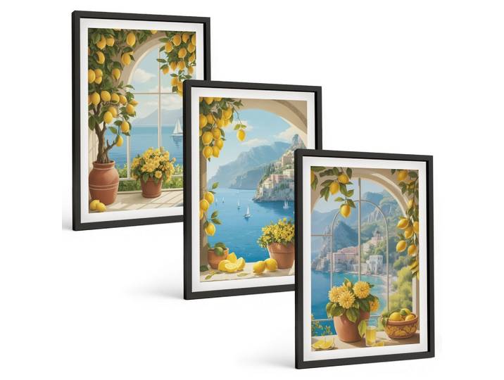 BILDER SET 3er Set - 40x60 cm Schwarzer Rahmen - Meereslandschaften, Zitronen, Fenster