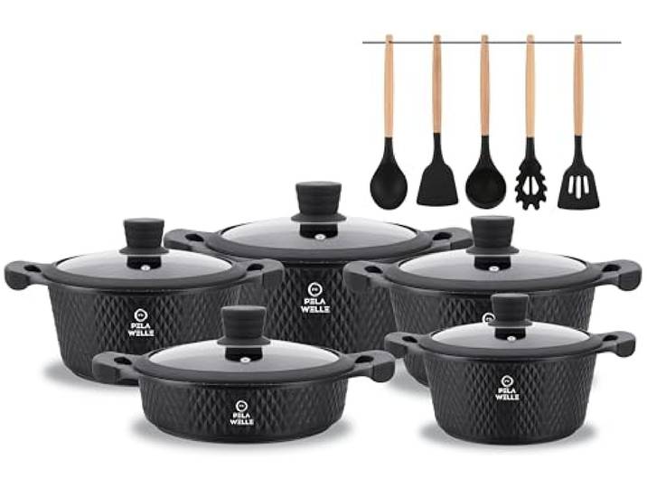 Pela Welle® Topfset Induktion [15-teilig Keramik] inkl. Küchenhelfer, antihaftbeschichtete Töpfe Induktion Topfset schwarz Kochtopf Set Induktions Töpfe Set Kochtöpfe Topfsets