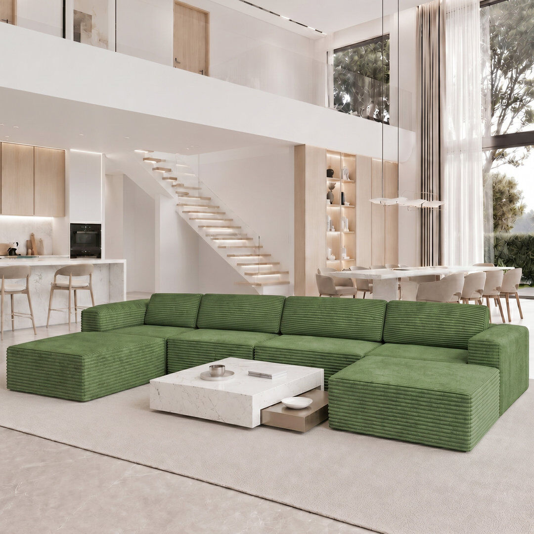 Latitude Run® Modular Corduroy Boneless Sofa With 2 Ottomans, No Assembly Required, With High Rebound Sponge Green 93" H x 404" W x 205" D