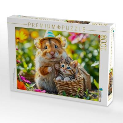 CALVENDO Puzzle Hamster mit seinem Kätzchen im Garten | 1000 Teile Lege-Größe 64x48cm Foto-Puzzle für glückliche Stunden
