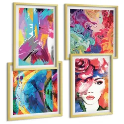 BILDER SET 4er Set - 50x50 cm & 40x60 cm Goldrahmen - Farbenfrohes abstraktes Porträt