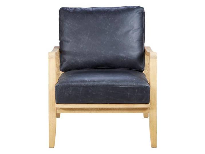 Fauteuil cuir noir pieds frêne naturel
