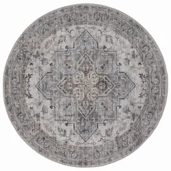 Teppich waschbar VERNANTE kantiges Medaillon Bordüre Orientalisch Polyester Ø 120 cm Beige-Grau 3 mm gekettelt Diele | Kadima Design