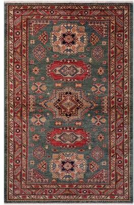 Treasured Knots Southwestern Super Kazak Samara Green/Red Hand Knotted Wool Rug - 4'2'' x 5'11''