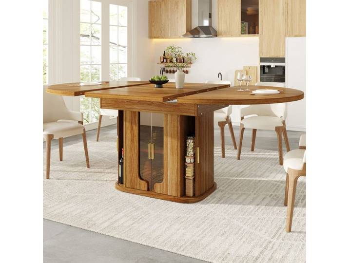 Zitty Table à manger extensible ronde à ovale table de cuisine couleur noyer avec rangement 118-158 cm