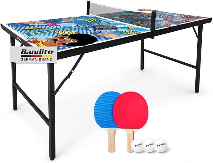 Tischtennisplatte Compact inkl. 2 Schläger und 3 Bälle im Comic Style - klappbar mit Tragegriff, Tischtennistisch in medium Größe, Kleiner Ping Pong Tisch für Kinder und Erwachsene