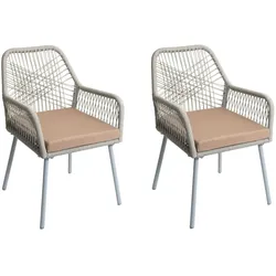 Mendler 2er-Set Gartenstuhl HWC-O12, Outdoor Sitzpolster Aluminium Seilgeflecht Rope ~ grau, Bezug taupe