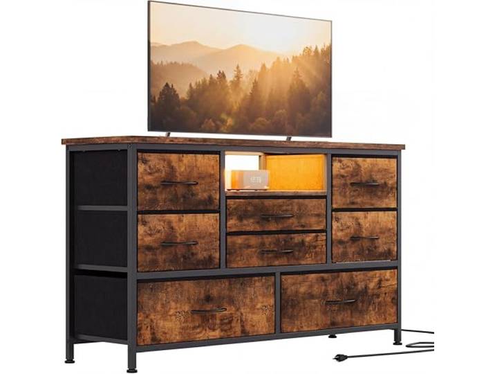 CherishCradle Kommode mit 8 Schubladen und LED, Sideboard mit Steckdosen und USB, Flur Kommode Metall Holz, Sideboard Wohnzimmer/Schlafzimmer, TV-Möbel bis 50 Zoll, Tigerstreifen
