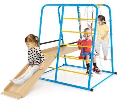 Costway 6-in-1 Indoor Jungle Gym with Slide for Boys and Girls 3+ Years Old-Blue