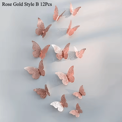 Inspire Picks 3D Mirror Butterfly Wall Stickers DIY Decorative Wall Art Set 12pcs Rose Gold B