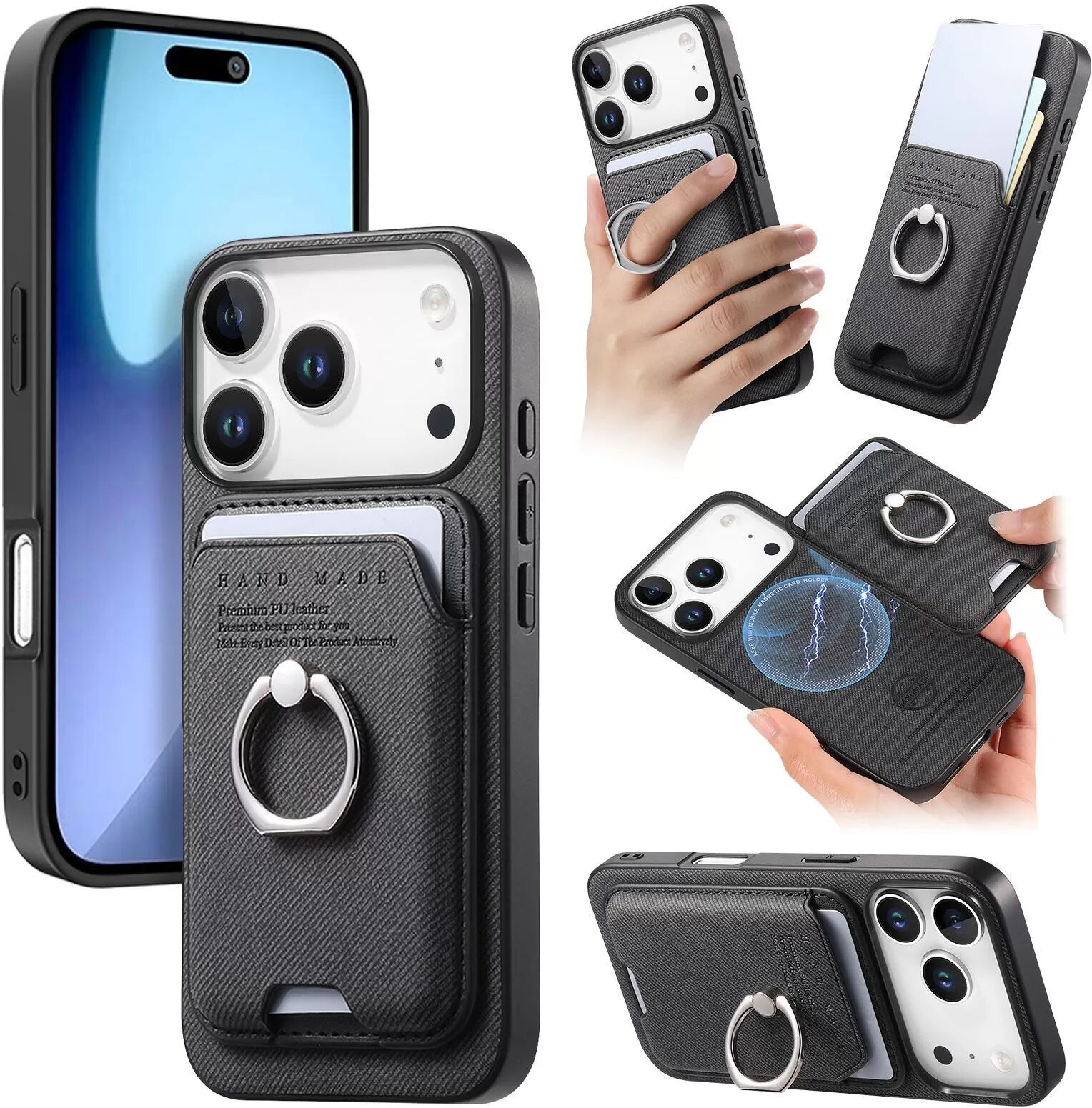 INF Schwarze PU-Leder Magnetische Kartenhalter Handyhülle Kompatibel mit iPhone 17 Pro