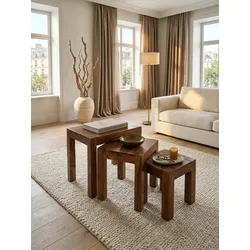 Beistelltisch 3er Set Massivholz Landhausstil MUMBAI, Dunkelbraun 35x45x50 cm