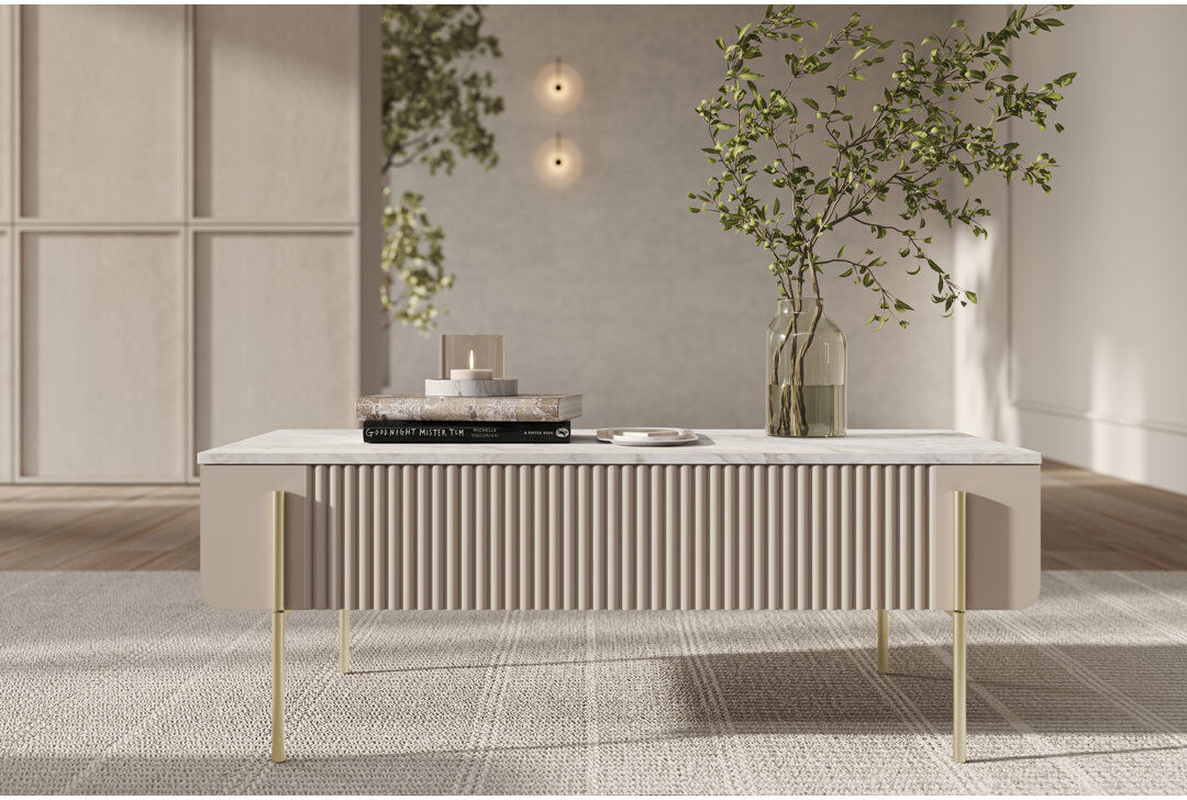 Corrigan Studio Otterburn Coffee Table with Storage Cashmere/Gold/White Marble 40cm H X 100cm W X 60cm D
