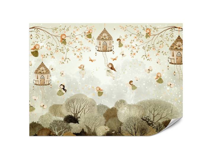 FOTOTAPETE für Kinderzimmer Waldfeen Blumen Sterne Schmetterlinge Baum 200x140