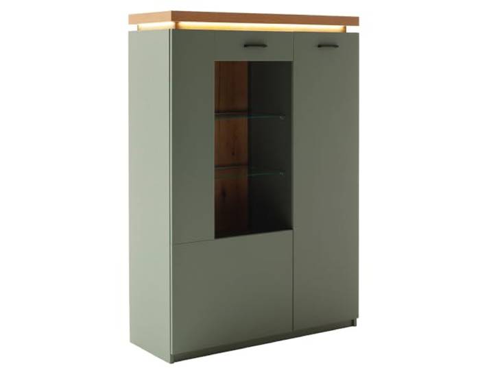 Lomadox Wohnzimmer-Highboard mit 98cm Breite in Grün mit Eiche, 2 Türen, Glaseinsatz, LED-Akzentbeleuchtung -