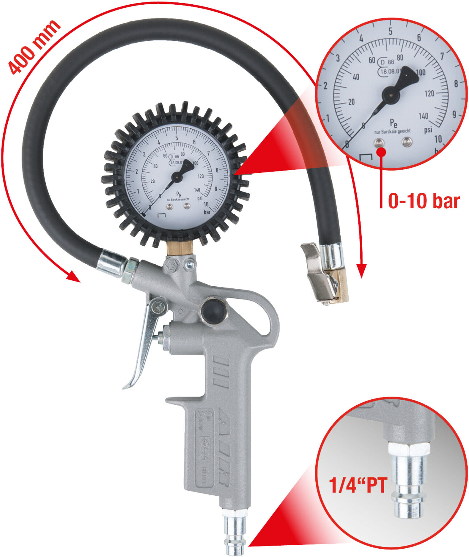 KS Tools Geeichter Druckluft-Reifenfüllmesser, 0-10 bar (515.1960)