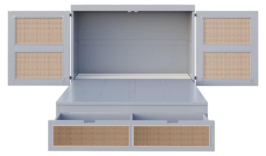 Schrankbett - Wandbett 140 x 200 cm - Vertikales Klappbett - Lattenrost - Aufbewahrungsschubladen - Rattan-Design - Hellgrau