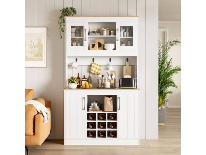Grand buffet de cuisine 175 cm portes vitrées casier à bouteilles et crochets armoire à provisions/vaisselle/meuble de rangement