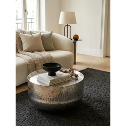 Couchtisch Aluminium mit Hammerschlag-Muster, orientalischer Stil, rund, klein, Silbern 60x60x35 cm